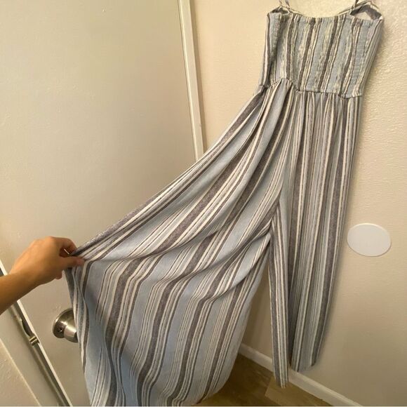 Xhilaration blue vertical stripe split leg jumpsuit corset smocked top suit S - Picture 8 of 14